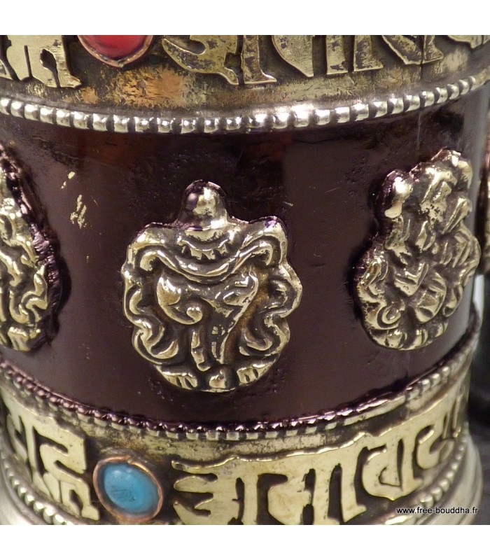 Moulin à prières mural 14 cm bois sombre – signes auspicieux