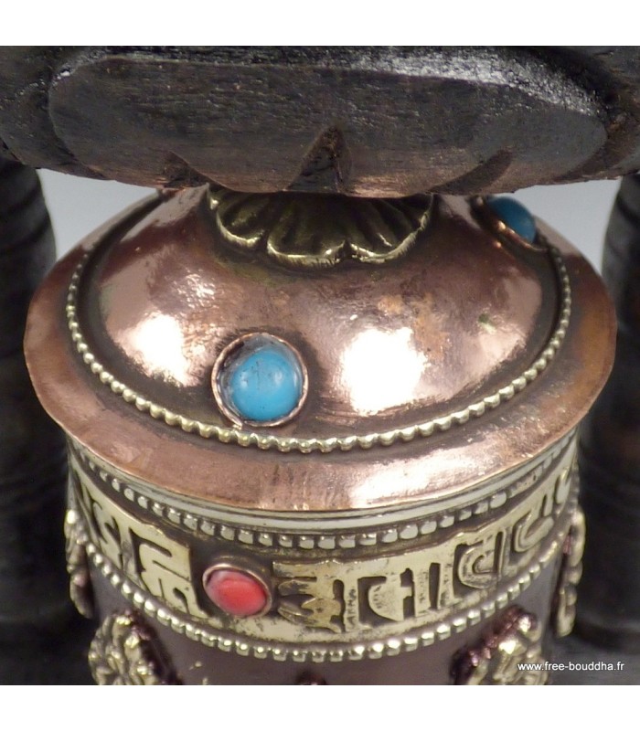 Moulin à prières mural 14 cm bois sombre – signes auspicieux