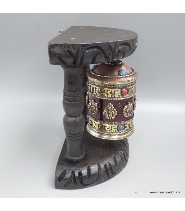 Moulin à prières mural 14 cm bois sombre – signes auspicieux