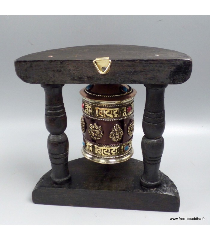 Moulin à prières mural 14 cm bois sombre – signes auspicieux