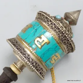 Moulin à prière bouddhiste avec mantras et turquoise 20 cm - Moulins à Prières tibétains