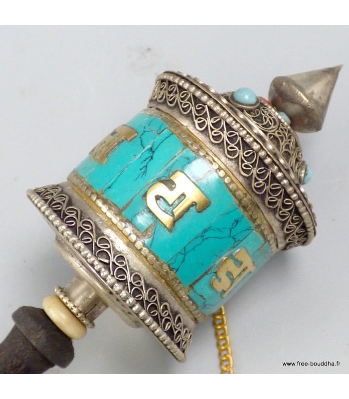 Moulin à prière tibétain 20 cm – mantras & turquoise, Népal