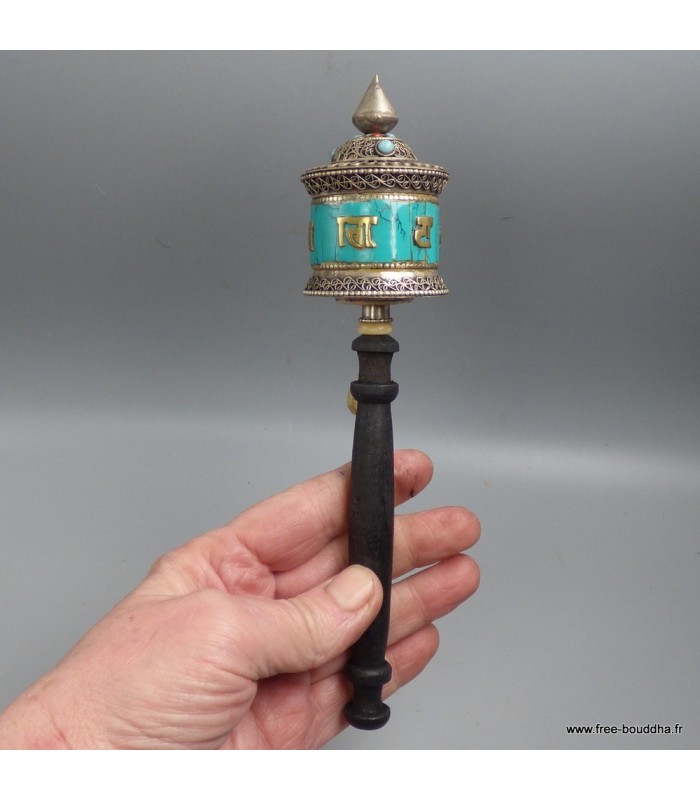 Moulin à prière tibétain 20 cm – mantras & turquoise, Népal