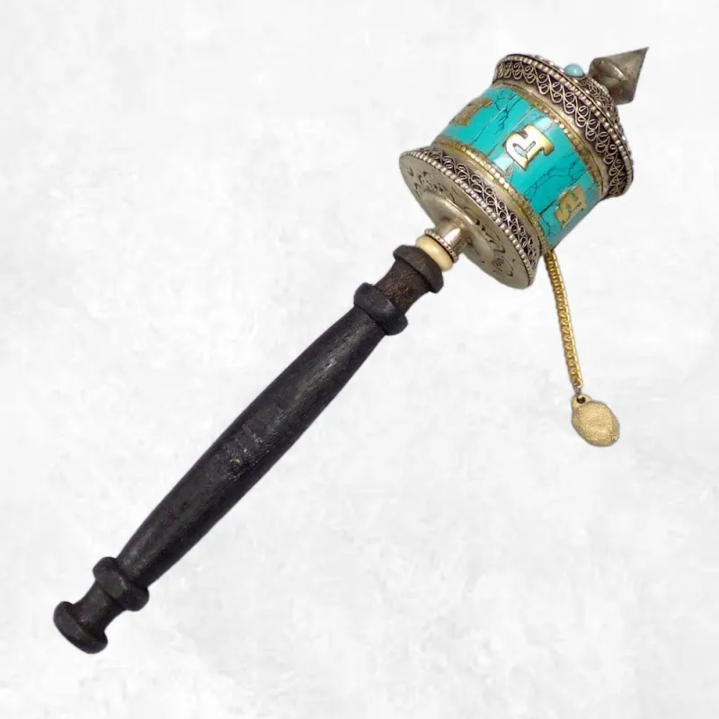 Moulin à prière bouddhiste avec mantras et turquoise 20 cm - Moulins à Prières tibétains
