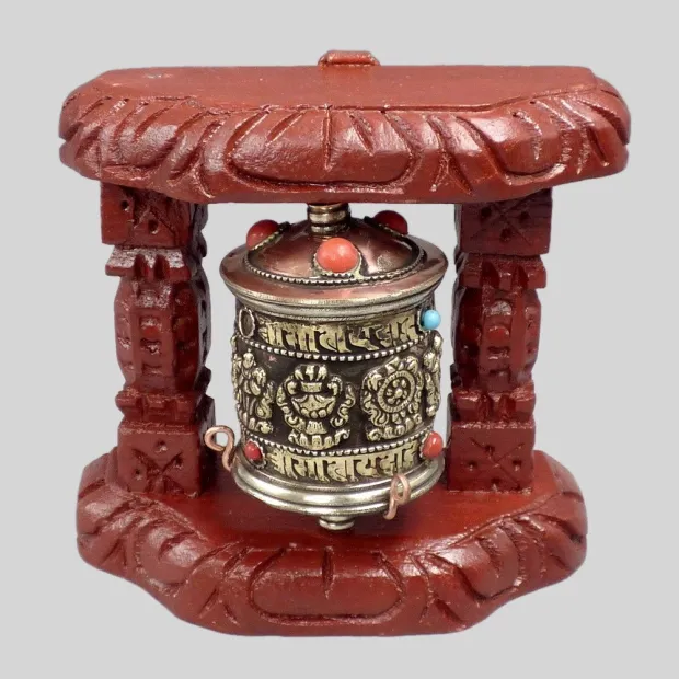 Moulin à prières avec signes auspicieux bois clair 12 cm - Moulins à Prières tibétains