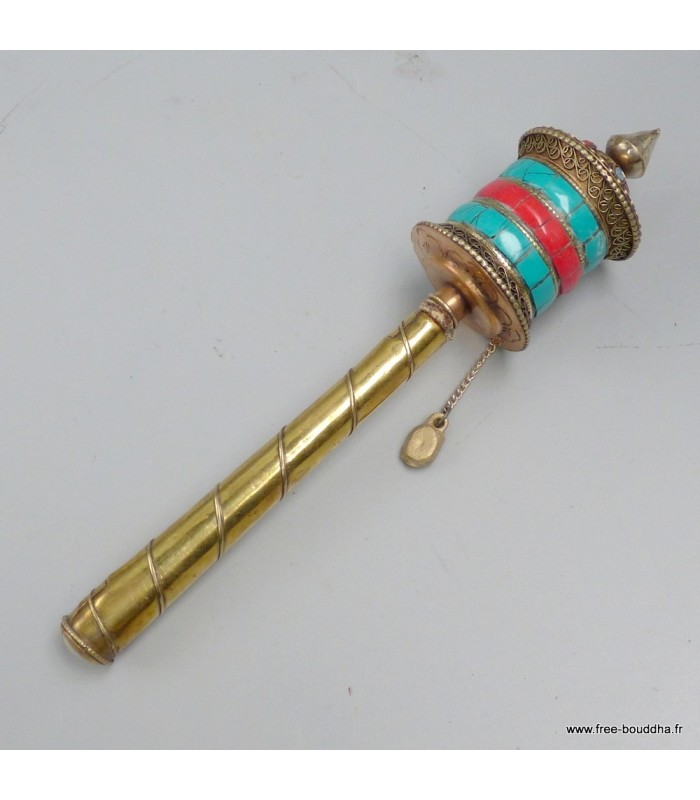 Roue de prières bouddhiste 17 cm métal cuivre pierres – Népal