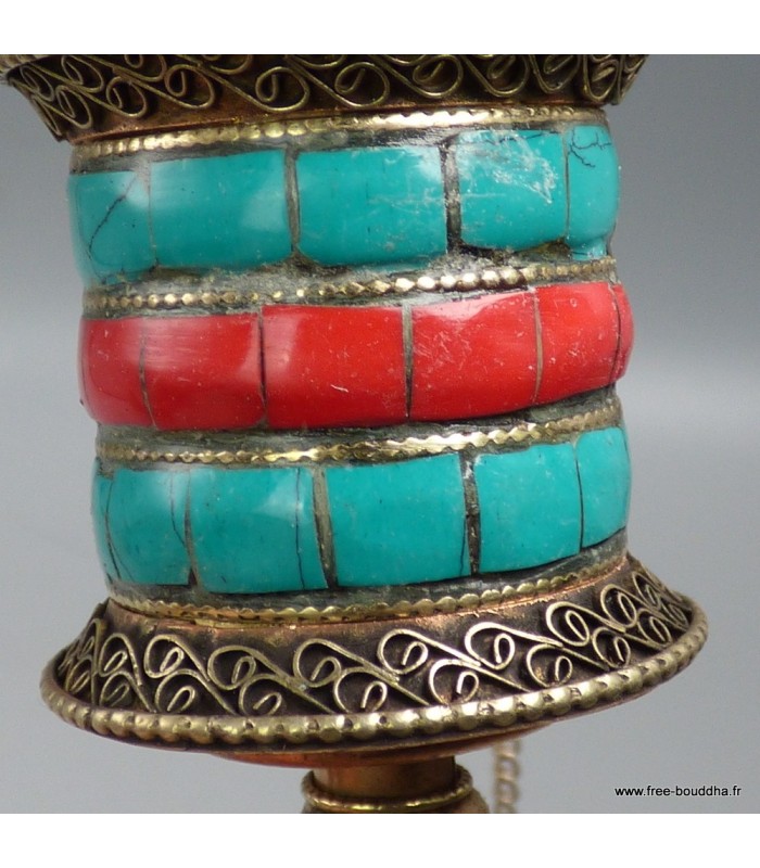 Roue de prières bouddhiste 17 cm métal cuivre pierres – Népal