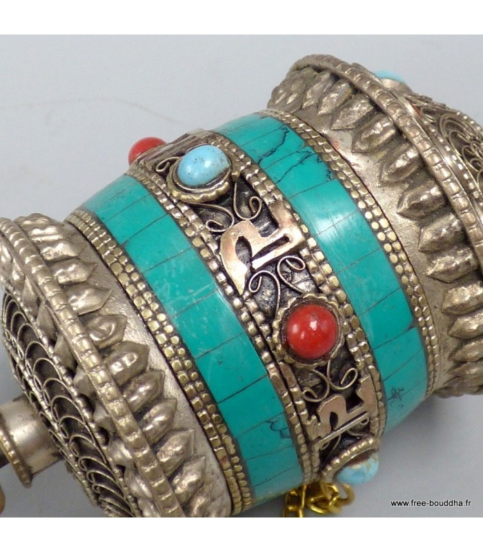 Moulin à prières tibétain 20 cm métal turquoise – Roue de prières