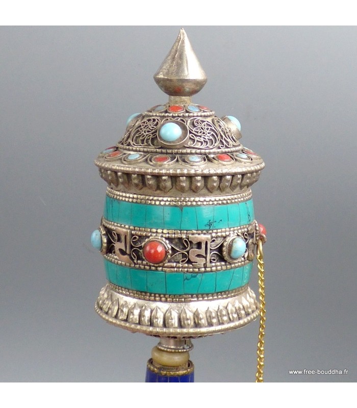 Moulin à prières tibétain 20 cm métal turquoise – Roue de prières