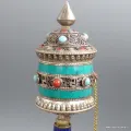 Moulin à prières bouddhiste à main 20 cm métal turquoise - Moulins à Prières tibétains