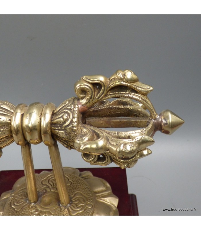Dorjé tibétain laiton massif pour offrande, objet rituel socle bois
