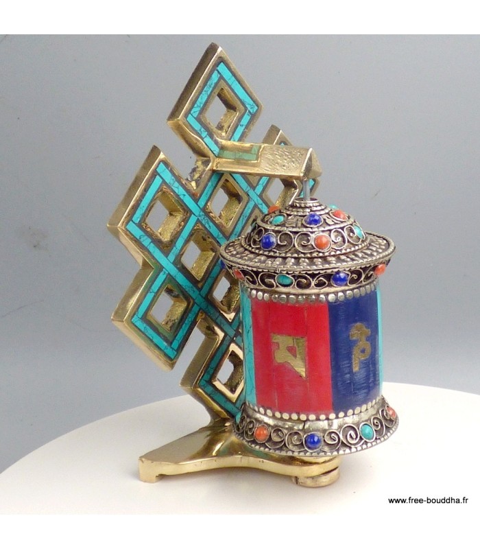 Moulin tibétain tricolore – Mantras de Chenrezi 12 cm - Népal