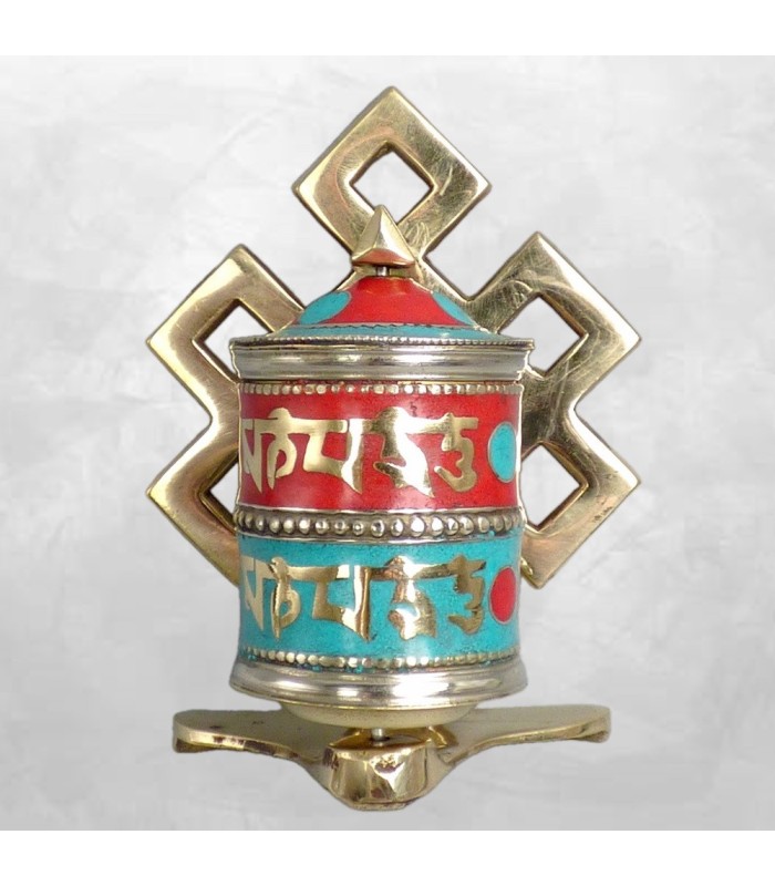 Moulin tibétain mural 12 cm – Résine et laiton Chenrezi - Népal