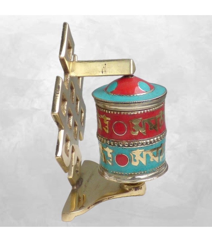 Moulin tibétain mural 12 cm – Résine et laiton Chenrezi - Népal