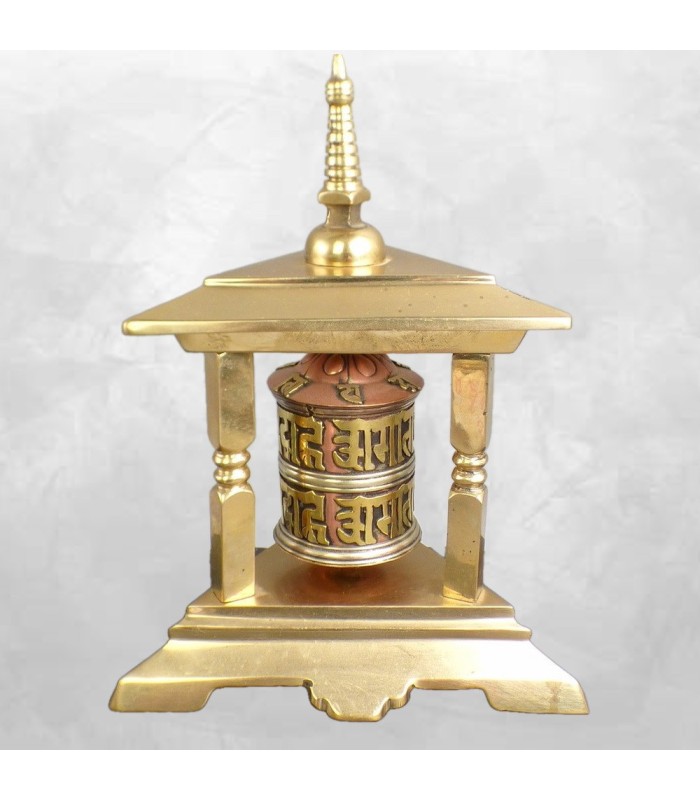 Moulin à prières tibétain laiton cuivre 3 piliers Népal