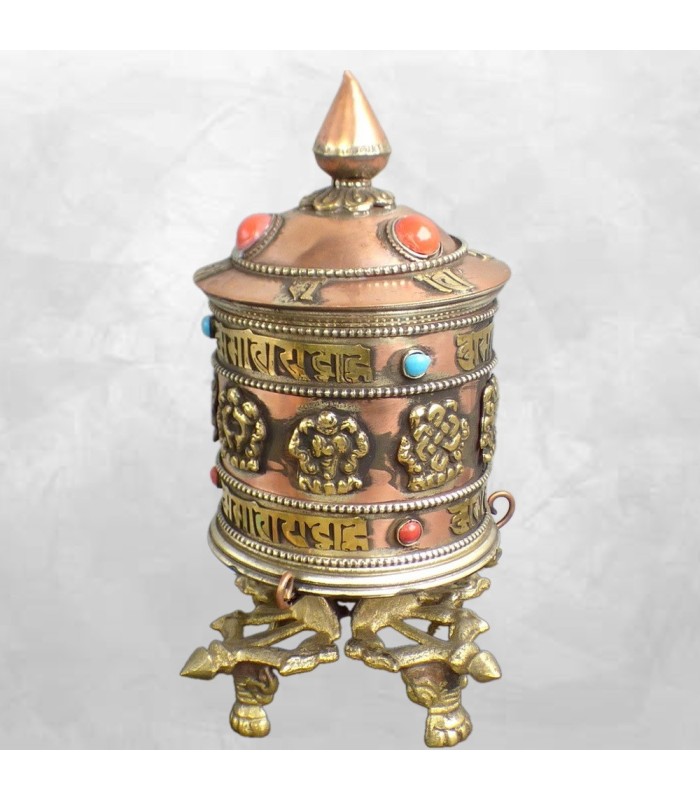 Moulin à prières tibétain en métal, 16 cm, artisanal.