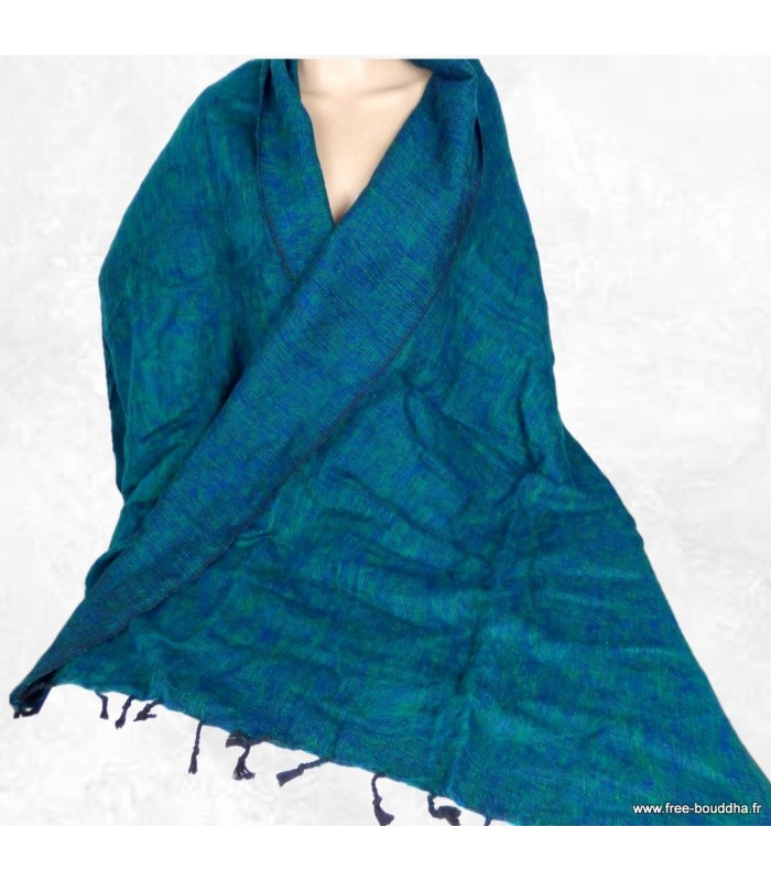 Châle laine de yack bleu et vert – Fabrication artisanale du Népal