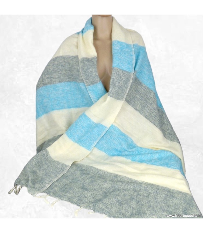 Châle de méditation Népal 100×200 cm – Rayures bleu écru et gris
