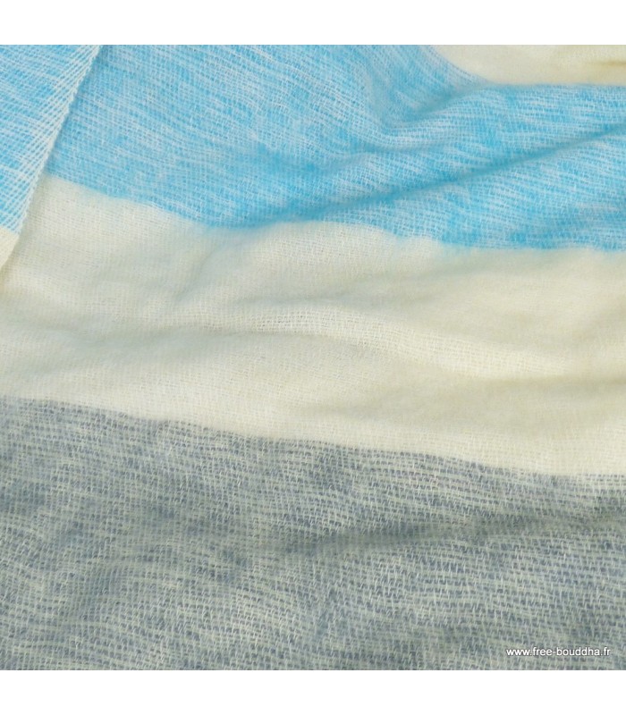 Châle de méditation Népal 100×200 cm – Rayures bleu écru et gris