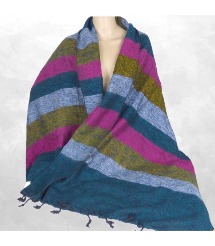 Châle artisanal Népal laine de yack rayures vertes rose kaki bleu