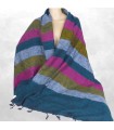 Châle artisanal Népal laine de yack rayures vertes rose kaki bleu