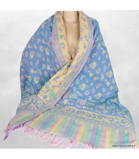 Châle Tibetain yak wool chaud épais pastel jaune vert lilas 100x200 cm