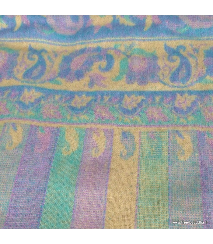 Châle Tibetain yak wool chaud épais pastel jaune vert lilas 100x200 cm