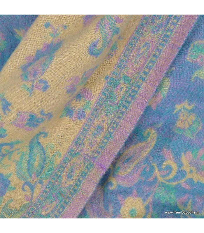 Châle Tibetain yak wool chaud épais pastel jaune vert lilas 100x200 cm