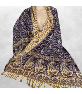 Couverture Dulhan méditation bleu nuit beige 90x200 cm artisanat Népal