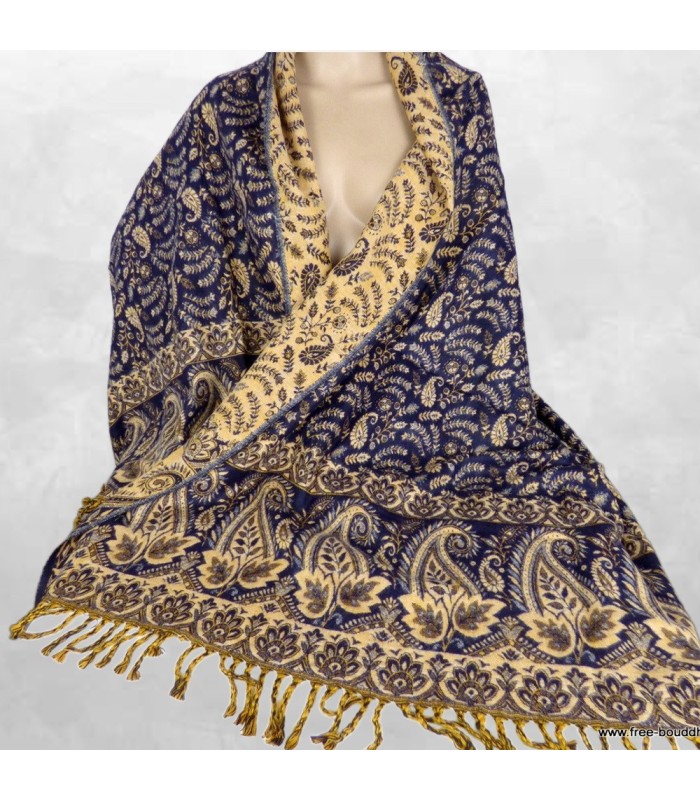 Couverture Dulhan méditation bleu nuit beige 90x200 cm artisanat Népal