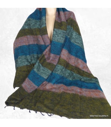 Châle laine de yack vert kaki à rayures – Artisanat du Népal