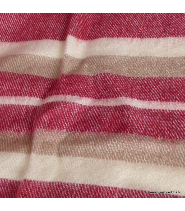Étole laine de yack framboise écru à rayures – Fabrication artisanale Népal