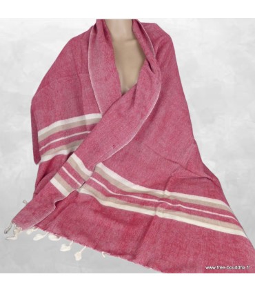 Étole laine de yack framboise écru à rayures – Fabrication artisanale Népal