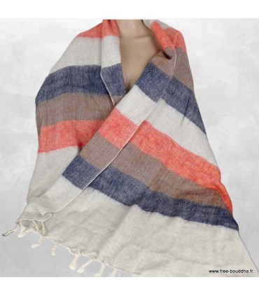 Châle laine de yack saumon beige bleu – Artisanat du Népal