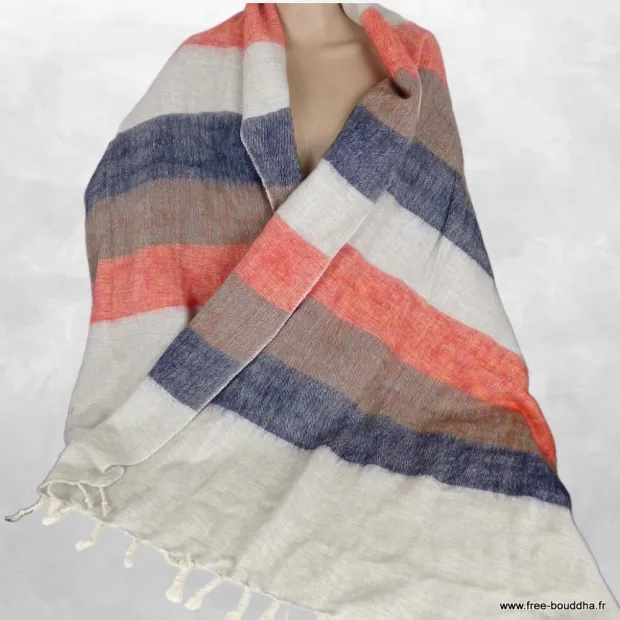 Châle laine de yack saumon beige bleu 80 x 180 cm - Châles laine de yak