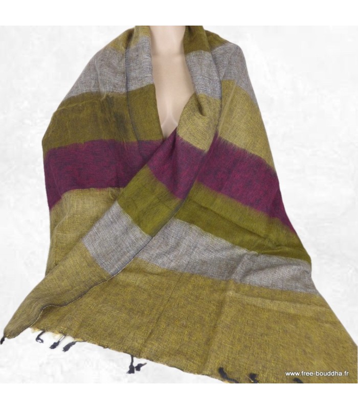 Châle kaki prune taupe en laine de yack 80×180 cm – Tissage népalais