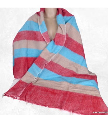 Châle rouge bleu en laine de yack 80×180 cm – Tissage népalais