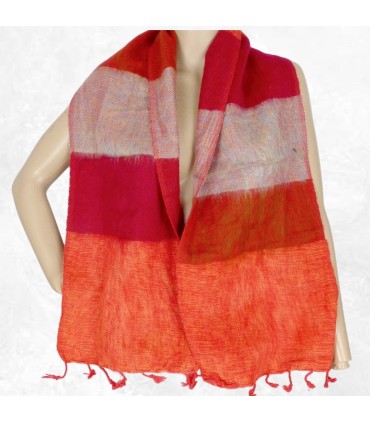 Écharpe yak wool artisanale – Rayures rouge orange, Népal
