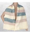 Écharpe en laine de yak rayée beige et verte, artisanale.