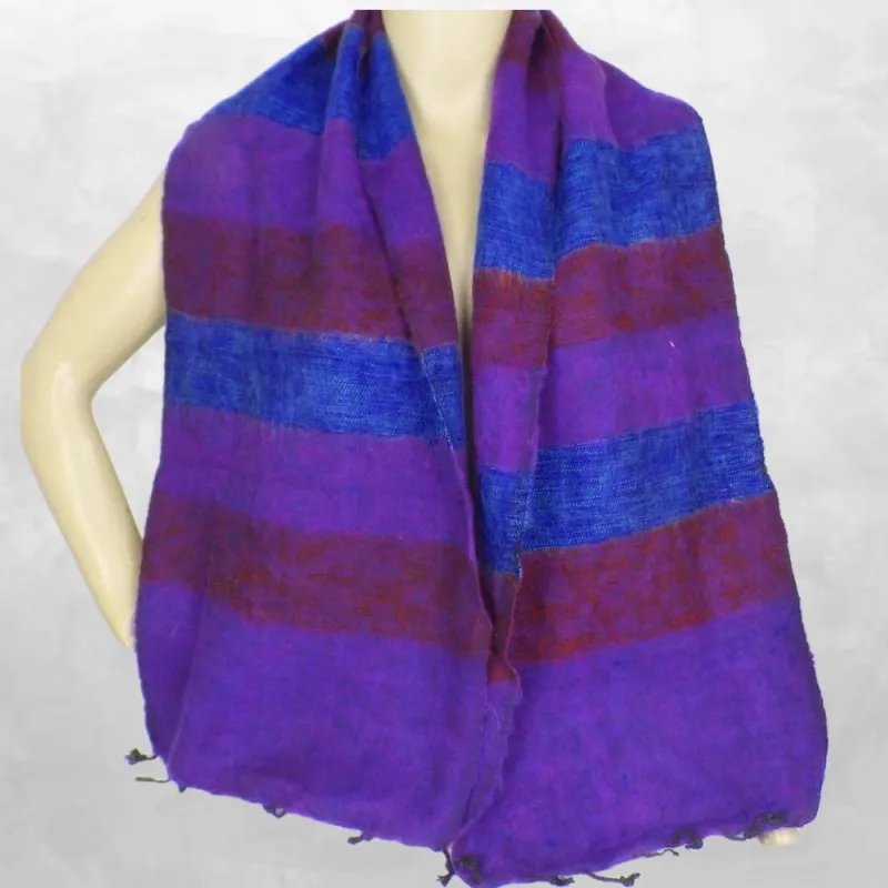 Echarpe Laine de Yak rayures bleu bordeau - Echarpes Laine Homme Femme