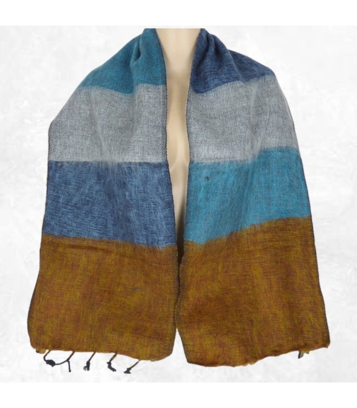 Écharpe laine de yak rayures bleu marron 140×30 cm fabrication Népal