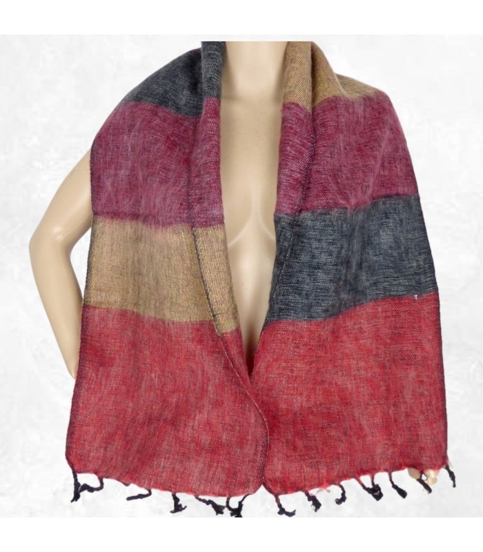 Écharpe laine yak gris bordeaux 140×30 cm artisanat népalais