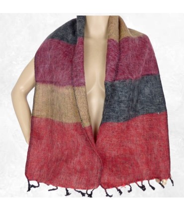 Écharpe laine yak gris bordeaux 140×30 cm artisanat népalais