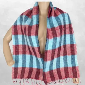 Echarpe artisanale en laine yak chaude bleu et rouge - Echarpes Laine Homme Femme