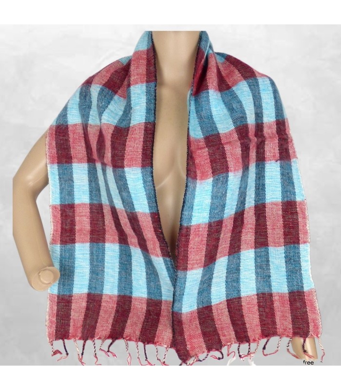 Écharpe yak wool Népal bleu et rouge quadrillée 140×30 cm