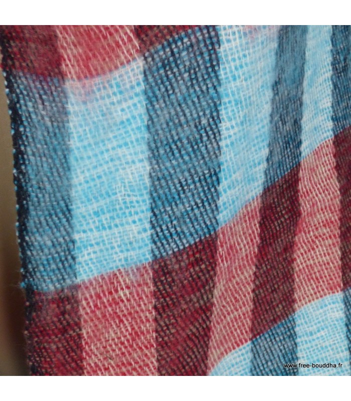 Écharpe yak wool Népal bleu et rouge quadrillée 140×30 cm