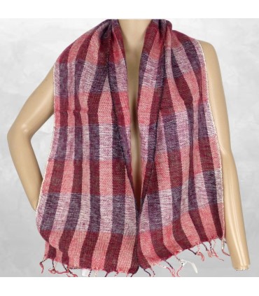 Écharpe laine de yak écossaise rouge bordeaux 140×30 cm, Népal