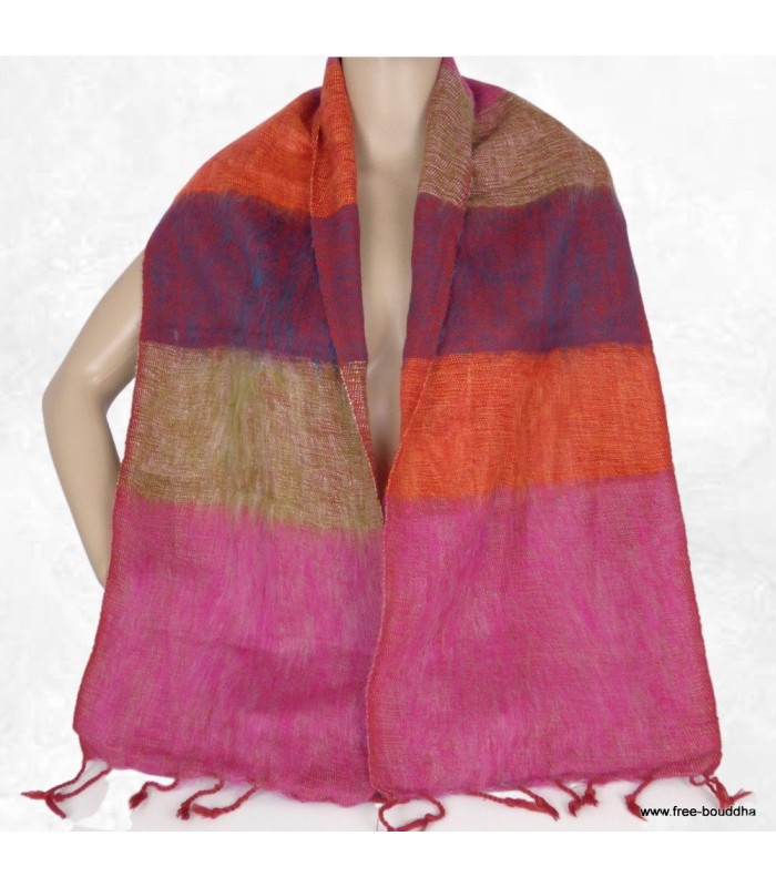 Écharpe orange fuchsia en laine de yack rayures 140×30 cm Népal