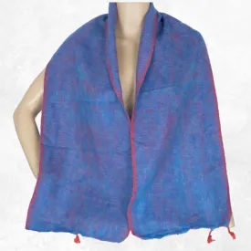 Echarpe laine de yak bleue bordure rouge, Népal - Echarpes Laine Homme Femme