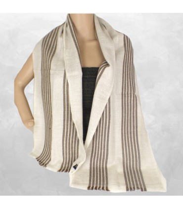 Écharpe du Népal homme écru à rayures en laine et cachemire